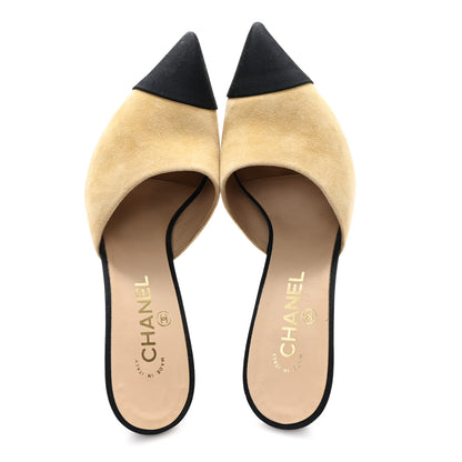 Chanel Suede Grosgrain Cap Toe CC Mules 40 Beige Black 2 of 9
