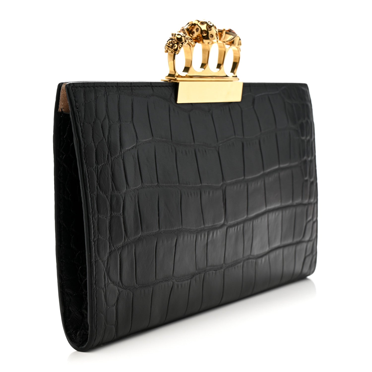 Alexander McQueen Calfskin Crocodile Embossed Knuckle Flat Clutch Black Gold 3 of 9