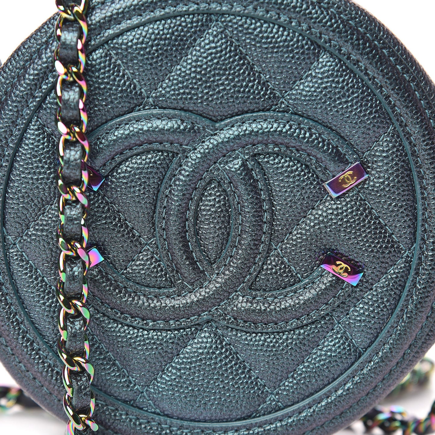Iridescent Caviar Quilted Round Filigree Crossbody Dark Turquoise