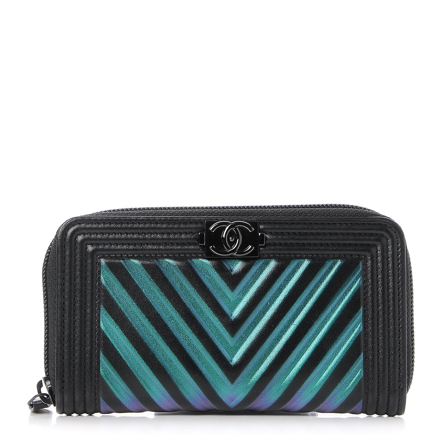 Calfskin Painted Chevron Embossed Small Boy Zip Wallet Black