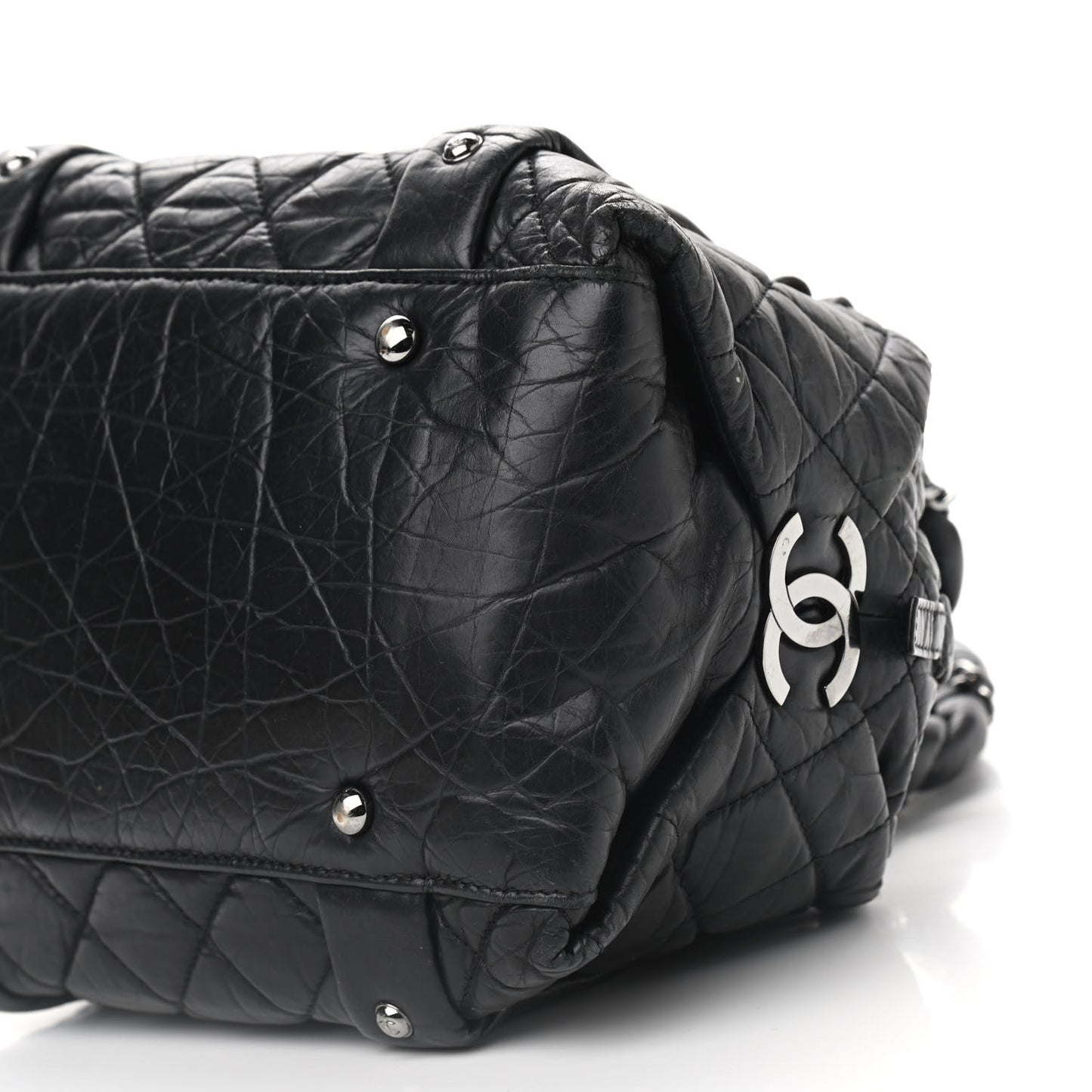 Distressed Lambskin Lady Braid Small Tote Black