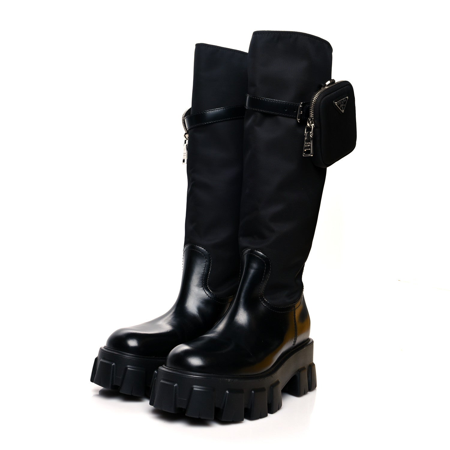 Prada Spazzolato Rois Re-Nylon Metal Triangle Logo Monolith Pouch Pocket 55mm Tall Boots 38.5 Black 3 of 7