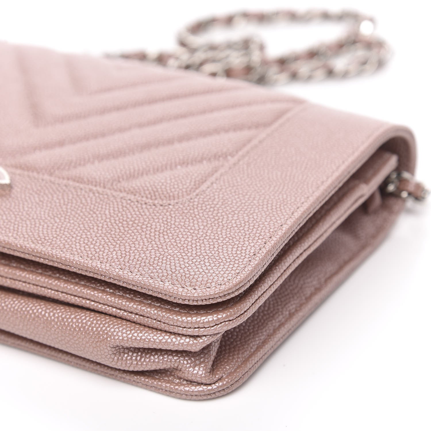 Chanel Metallic Caviar Chevron Quilted Vintage Mademoiselle Wallet On Chain WOC Pink 8 of 11