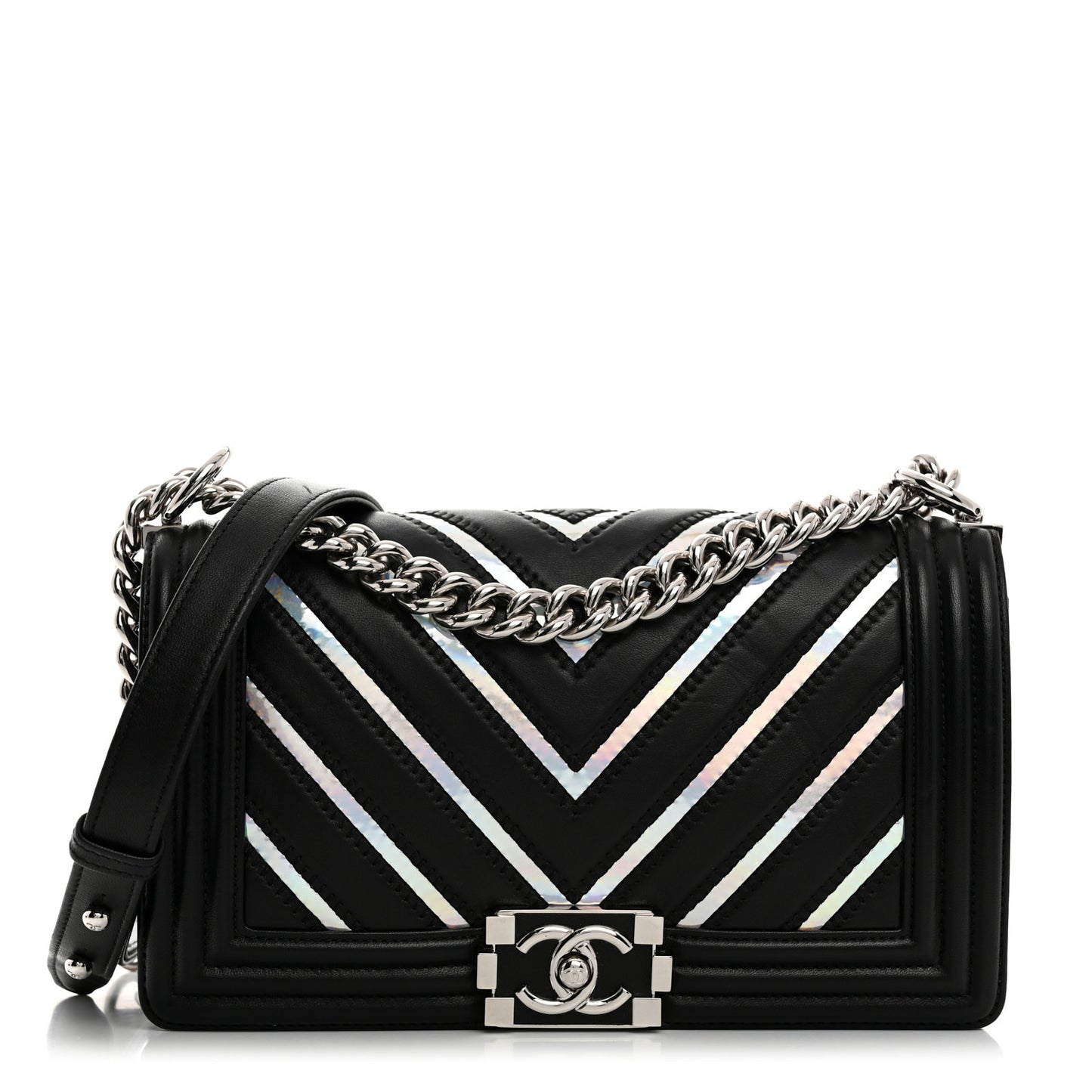 Lambskin Iridescent PVC Chevron Quilted Medium Boy Flap Black Silver