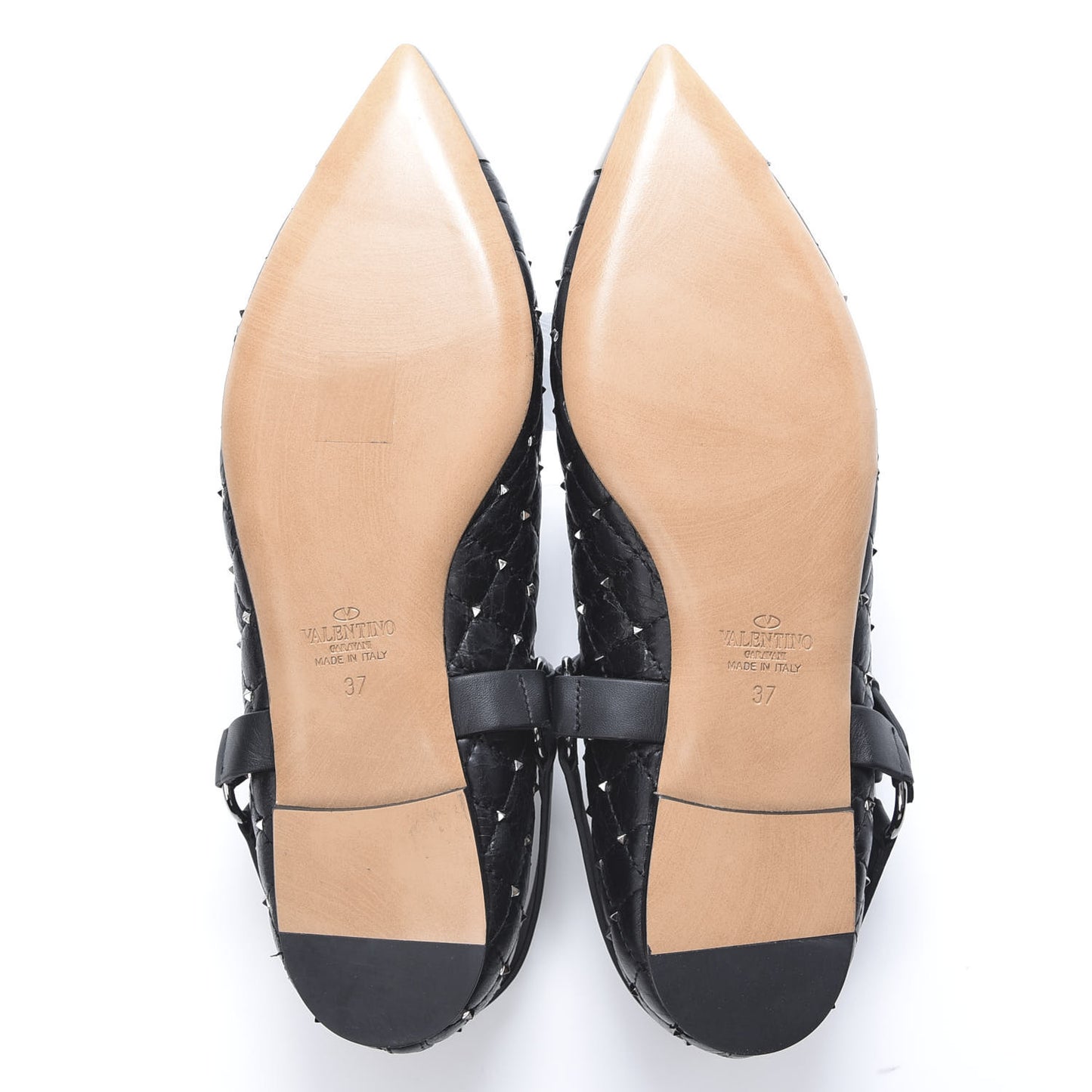 Crackled Lambskin Rockstud Spike Captoe Ballerina Flats 37 Black
