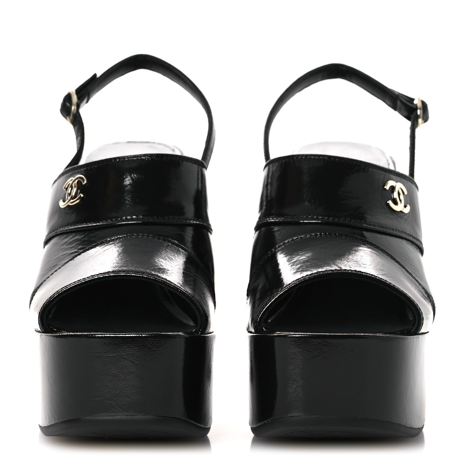 Chanel Crumpled Patent Lambskin Platform Sandals 39.5 Black