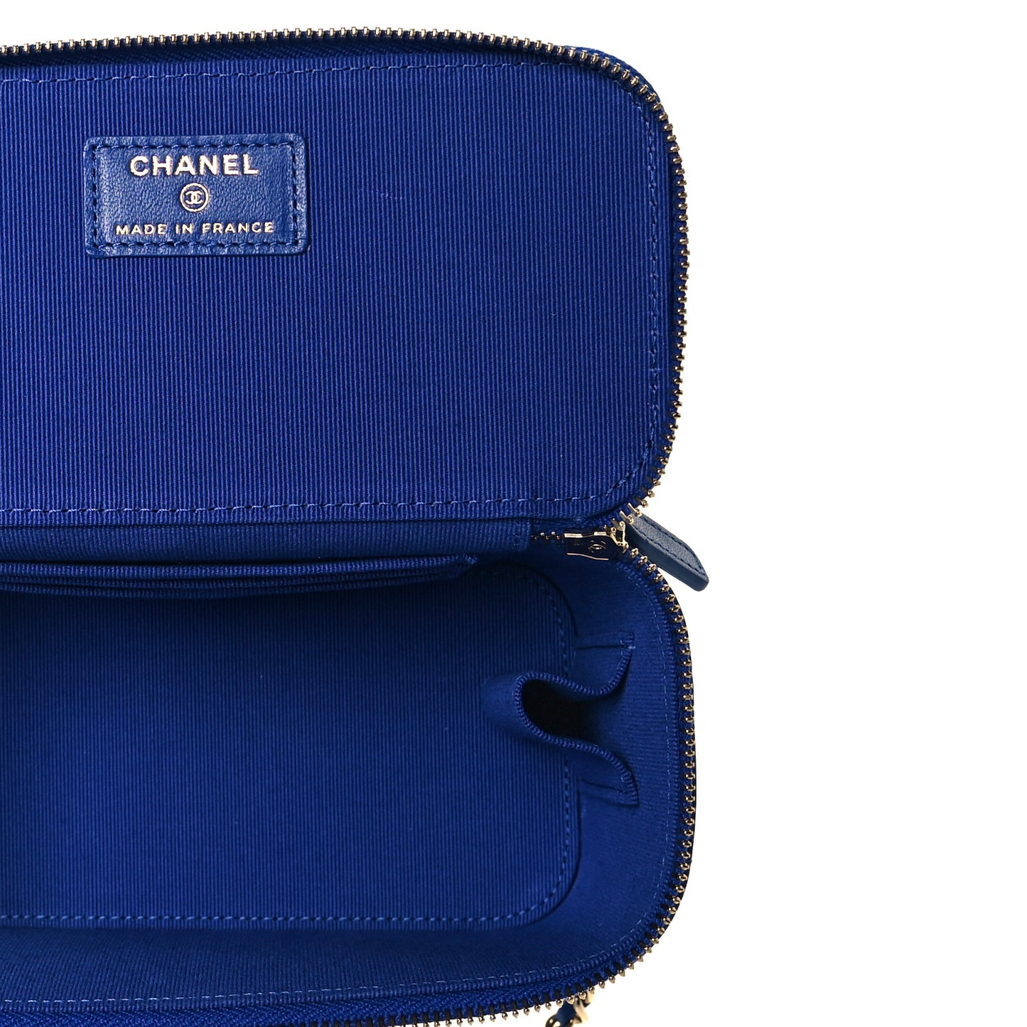 Lambskin Quilted Small Top Handle Vanity Case With Chain Blue
