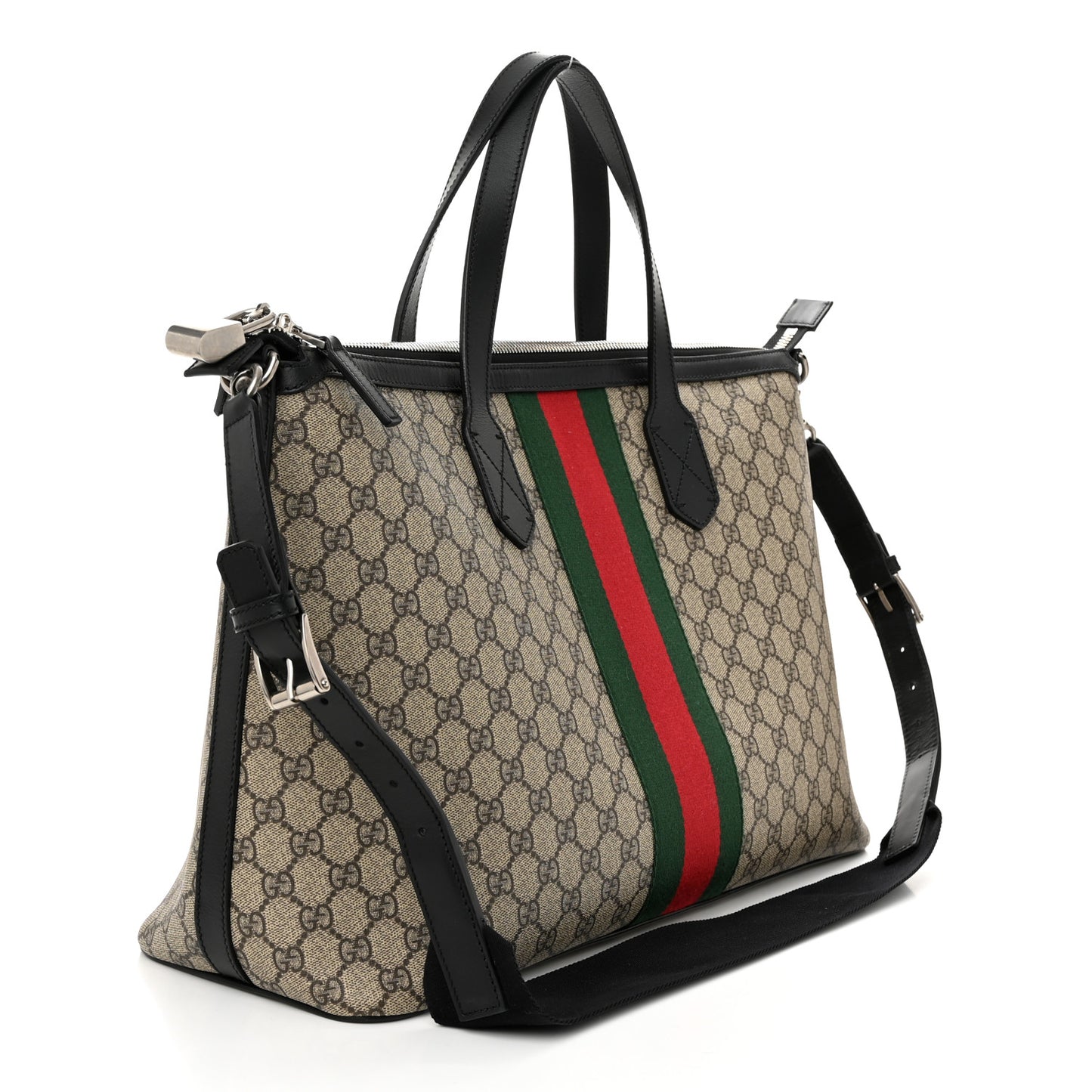 GG Supreme Monogram Web Medium Zippered Tote Beige Black