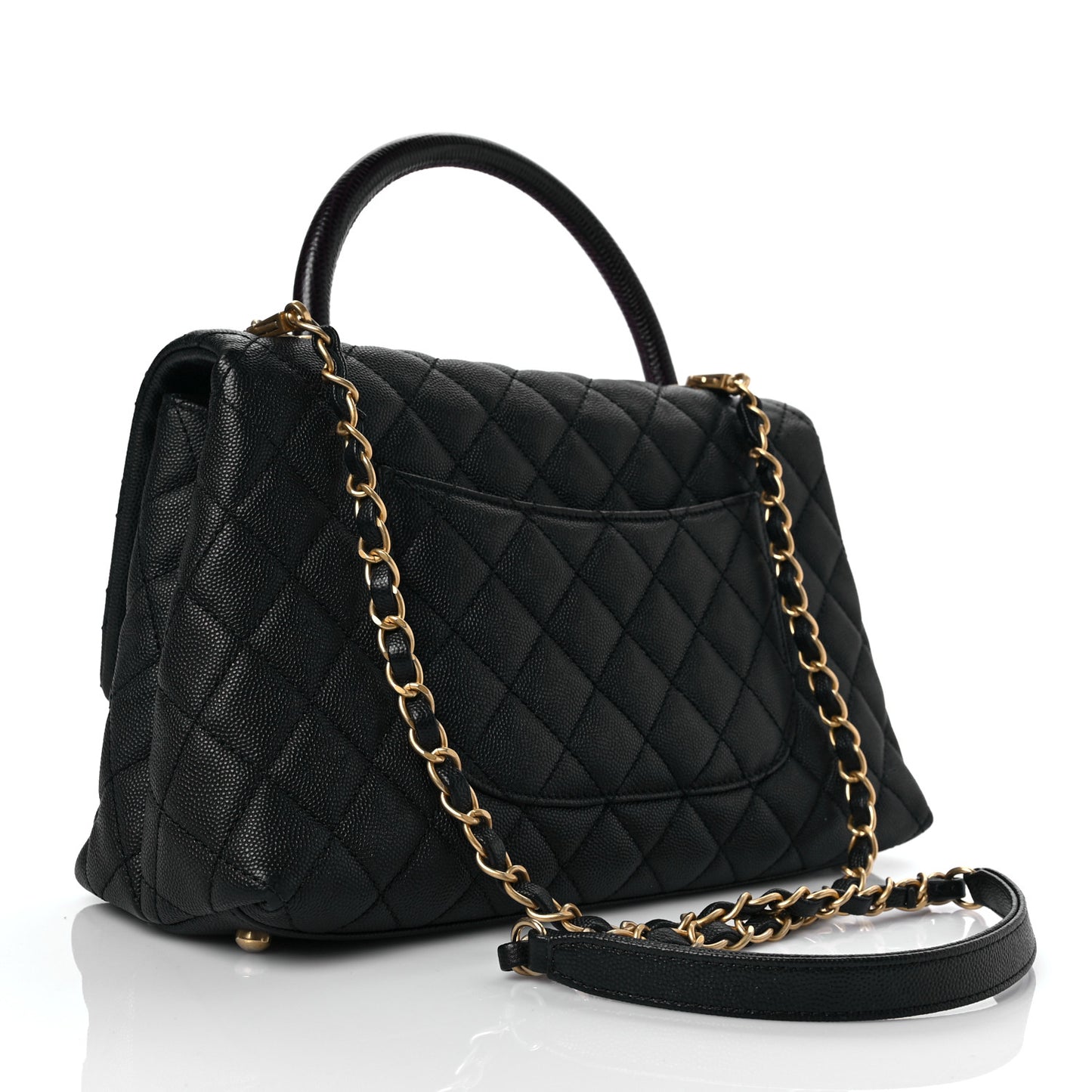Caviar Lizard Embossed Quilted Small Coco Handle Flap Black