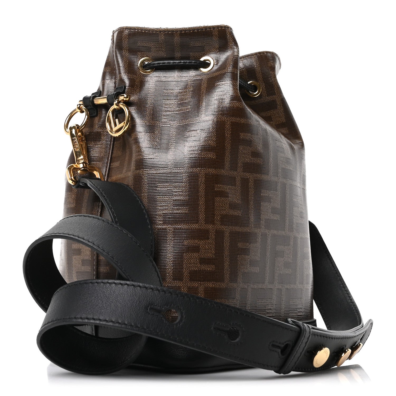 Fendi Glazed Fabric Vitello Grace F is Fendi FF 1974 Stamp Patch Grande Mon Tresor Bucket Bag Mogano Panna Black 3 of 10
