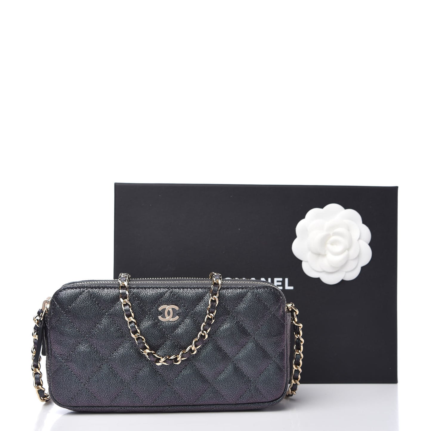 Iridescent Caviar Quilted Small Clutch With Chain Black