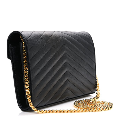 Saint Laurent Grain De Poudre Matelasse Chevron Monogram Chain Wallet Black 3 of 11