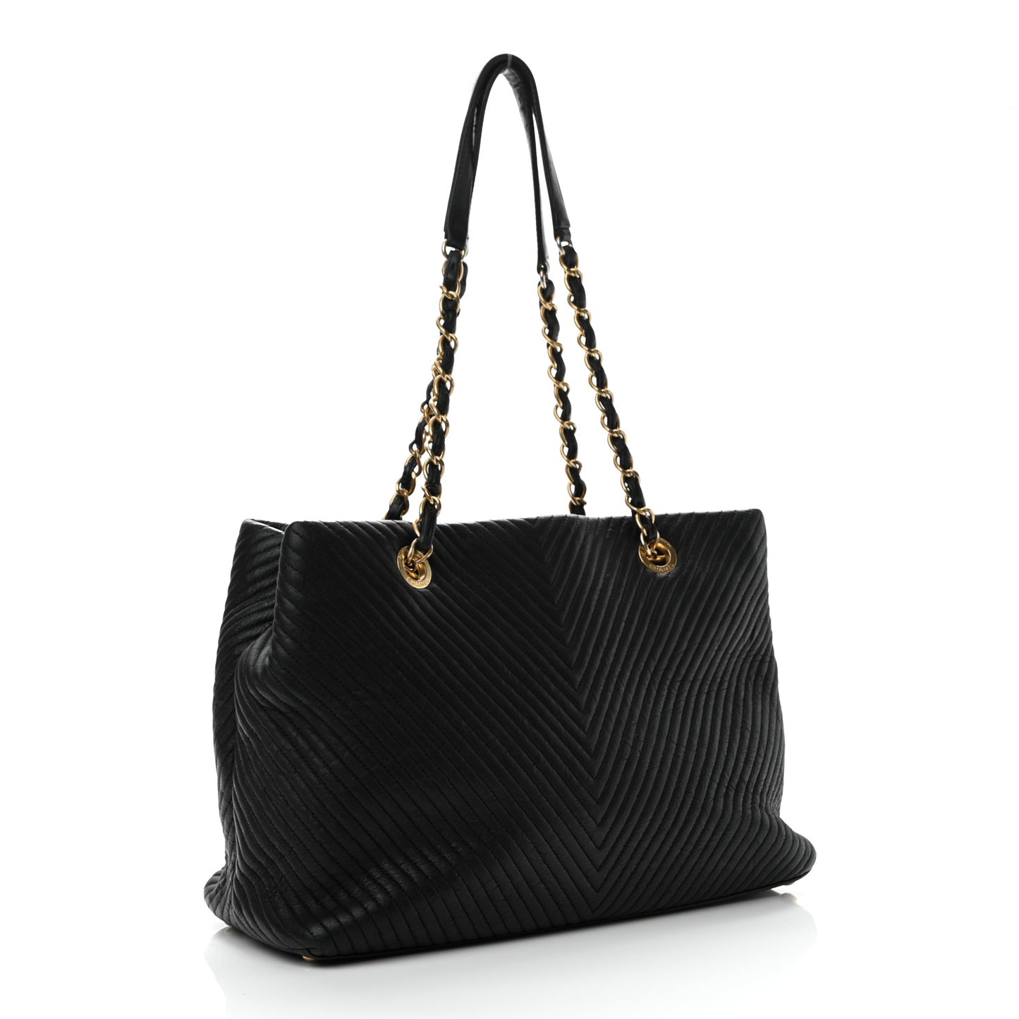 Wrinkled Lambskin Chevron Quilted Surpique Tote Black