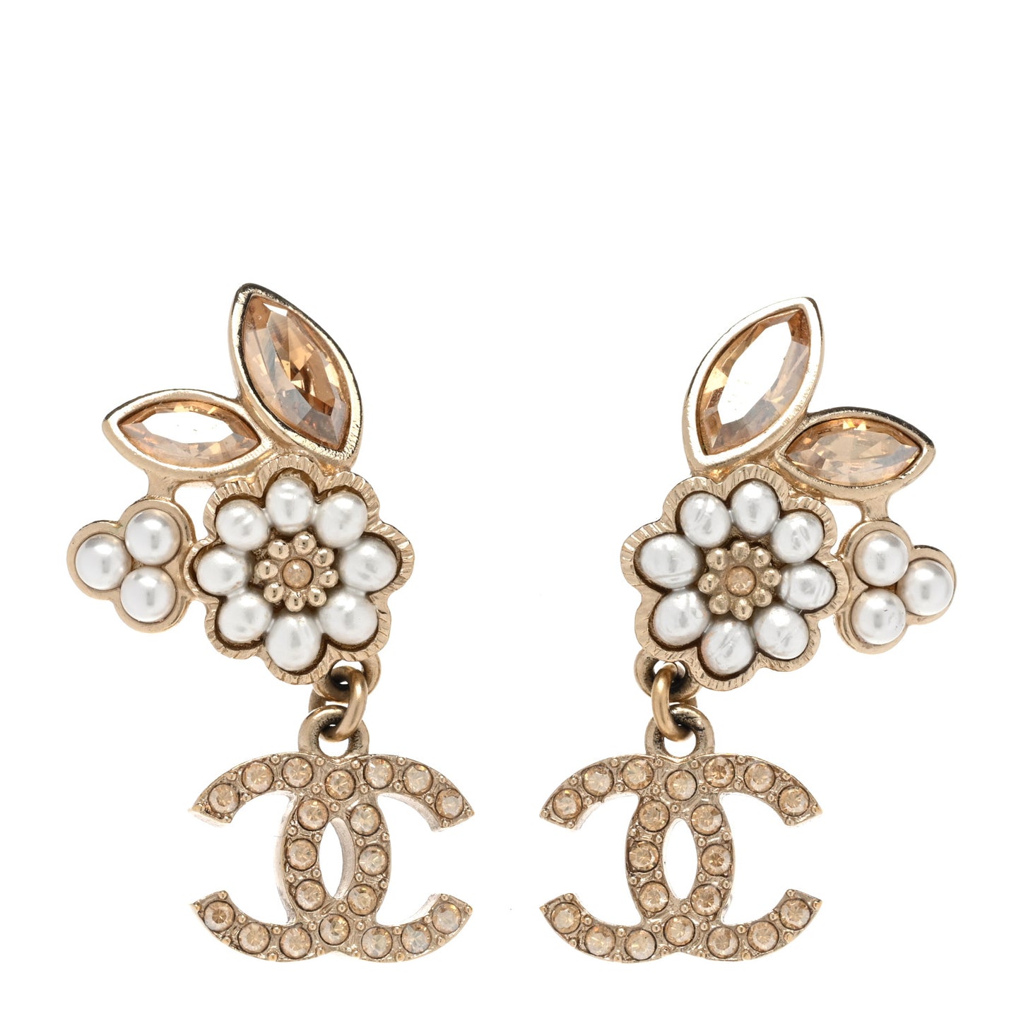 Pearl Crystal Drop CC Earrings Gold White