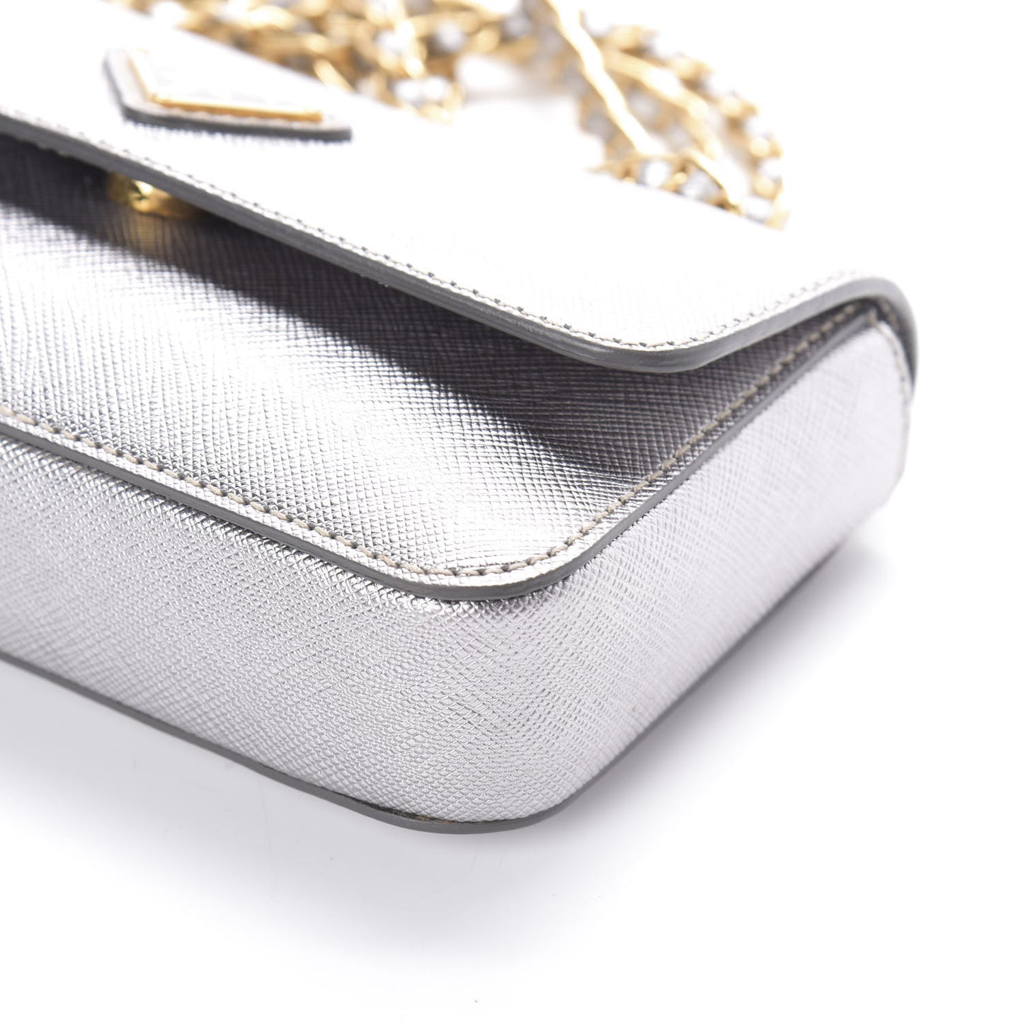 Metallic Saffiano Chain Shoulder Bag Silver