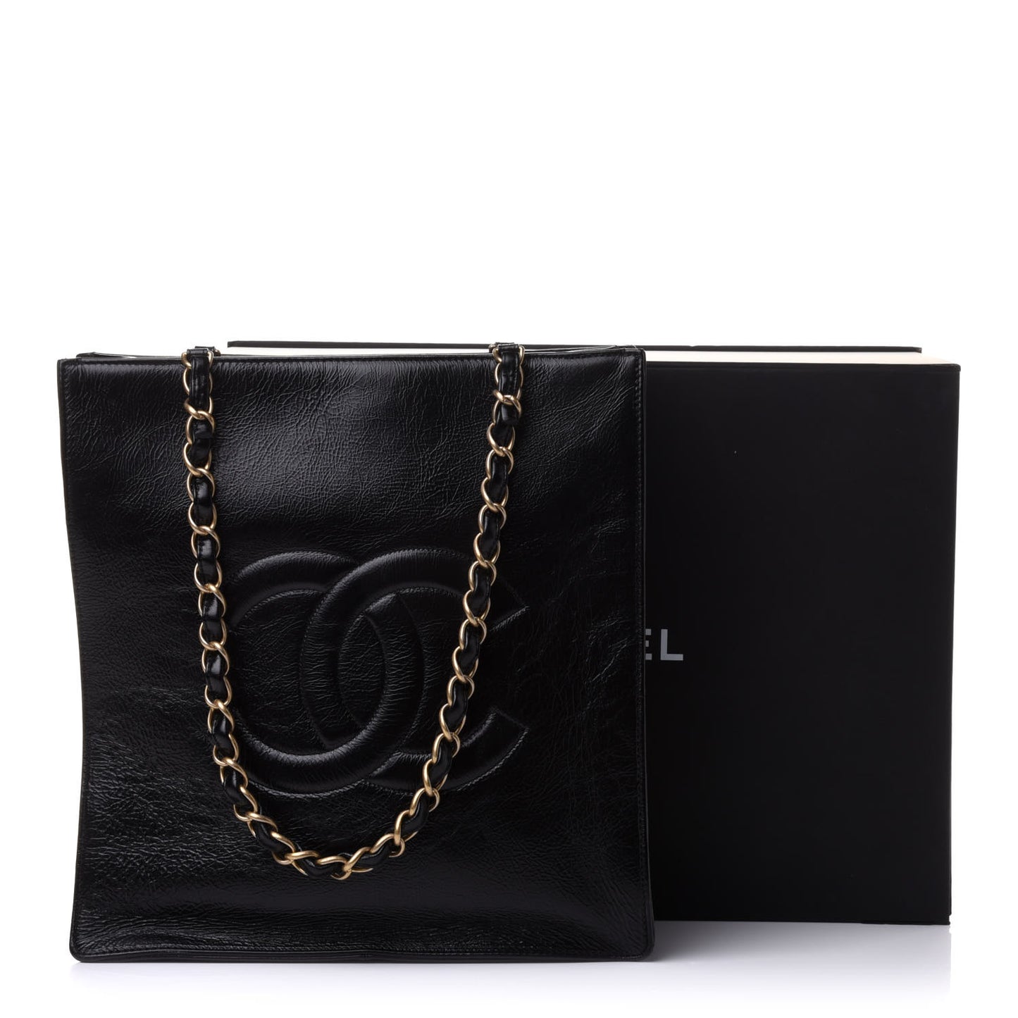 Shiny Aged Calfskin North South Shopping Bag Black
