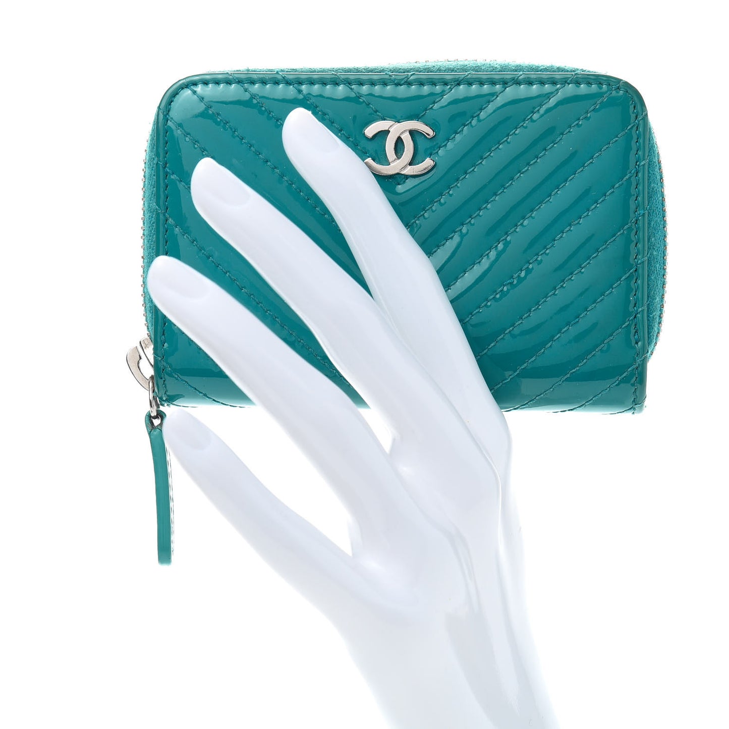 Patent Chevron Quilted Zip Around Coin Purse Turquoise