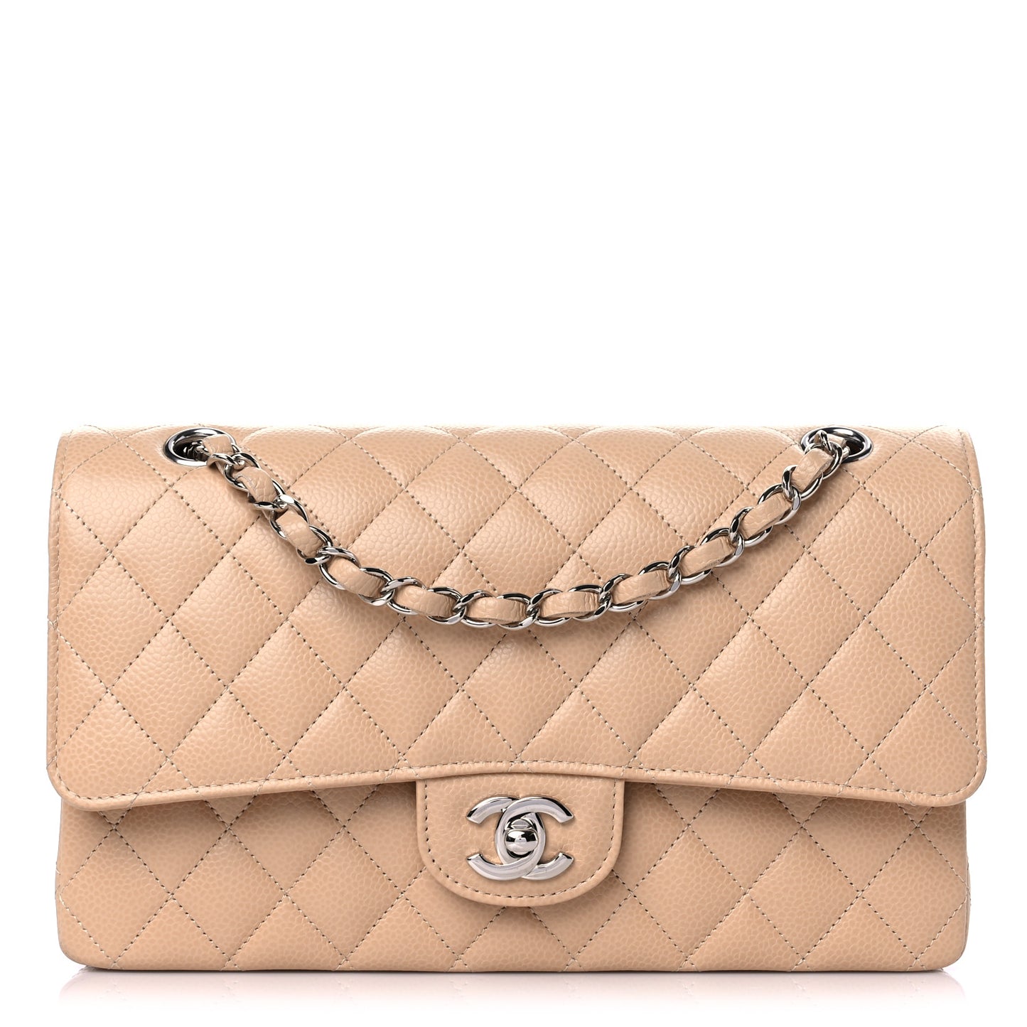 Caviar Quilted Medium Double Flap Beige
