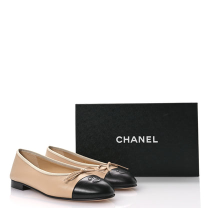 Chanel Lambskin Cap Toe CC Ballerina Flats 38.5 Beige Black 9 of 9