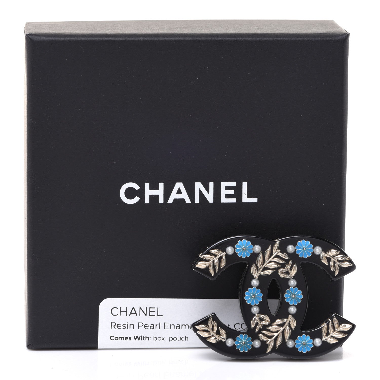 Chanel Resin Pearl Enamel Flower CC Brooch Black Blue Gold 5 of 5