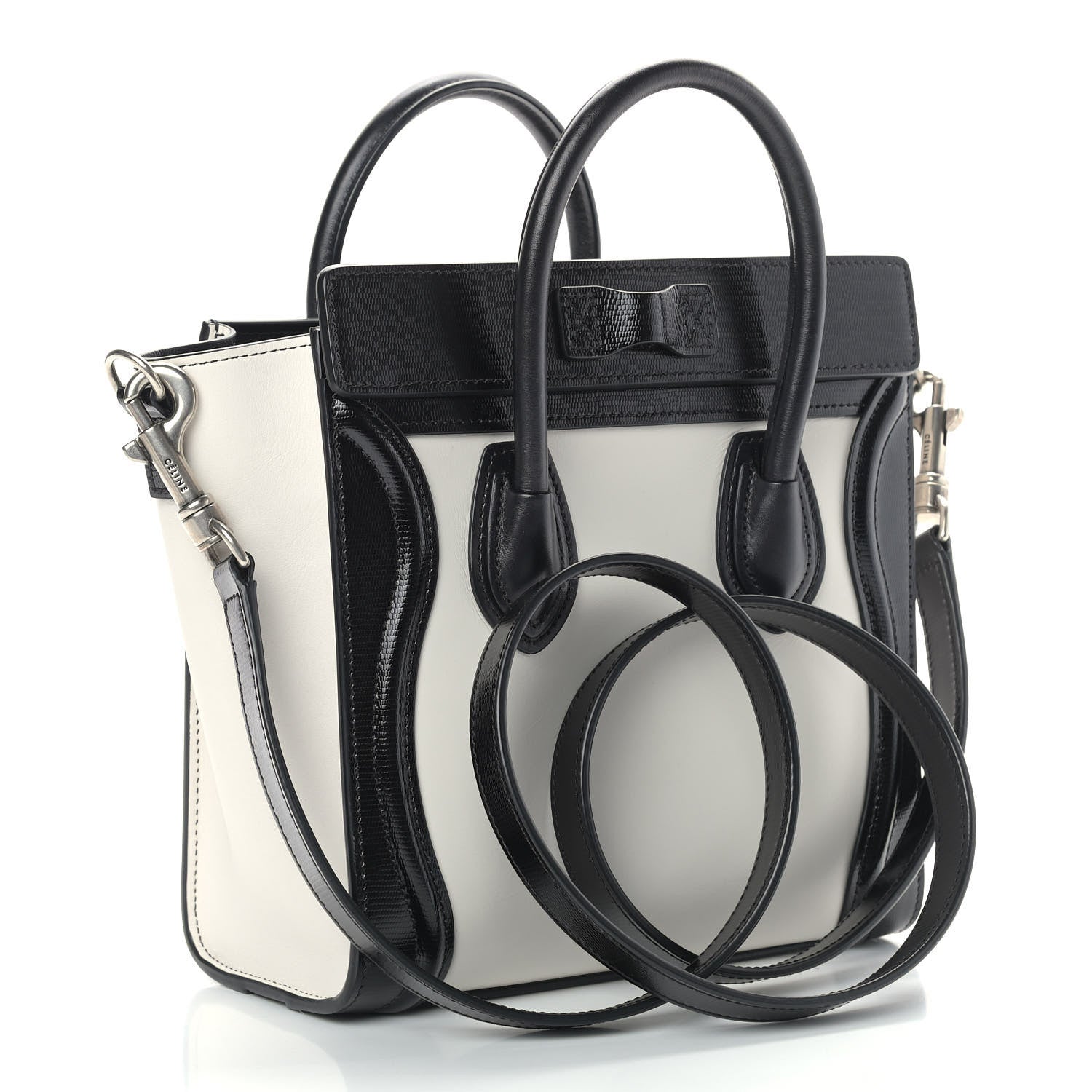 Celine Smooth Calfskin Lizard Embossed Nano Luggage White Black 2 of 10