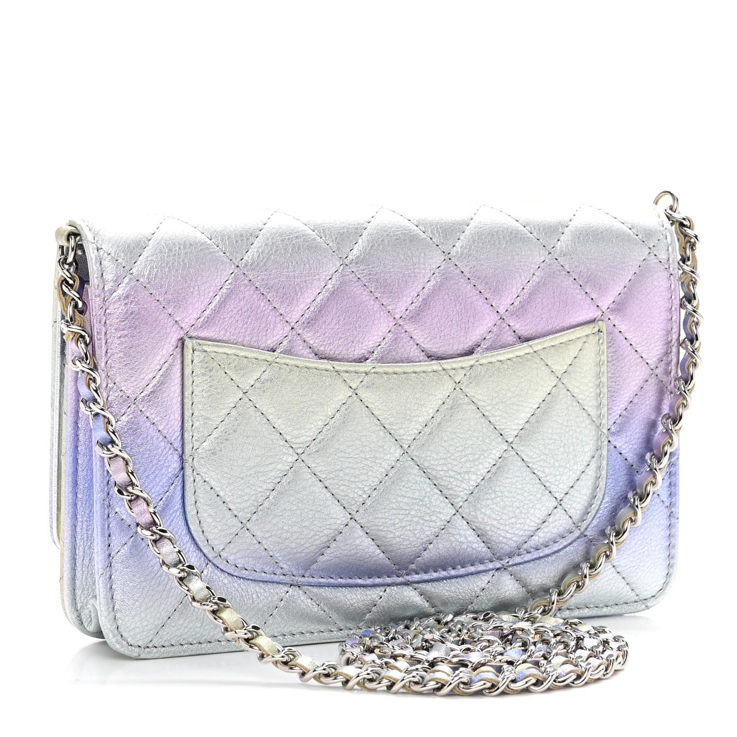 Chanel Gradient Metallic Calfskin Quilted Wallet On Chain WOC Silver Blue Yellow Purple 3 of 11