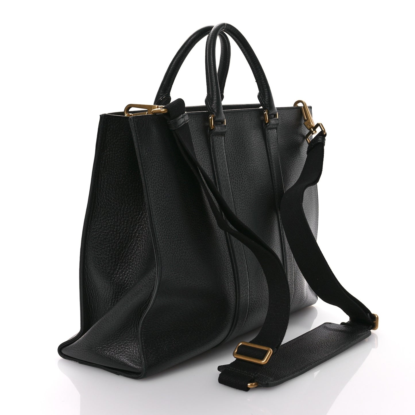 Grained Calfskin Web Top Handle Tote Black