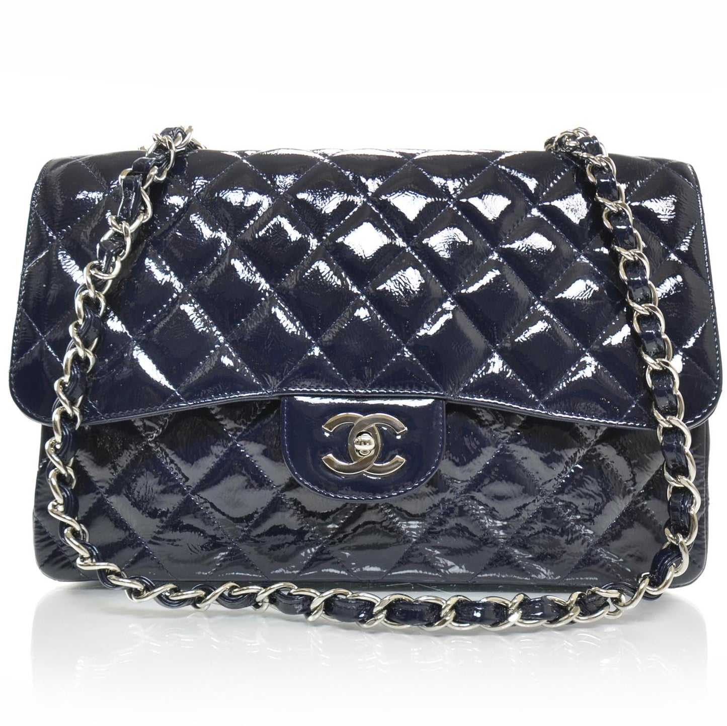 Crackled Patent Jumbo Flap Navy Blue