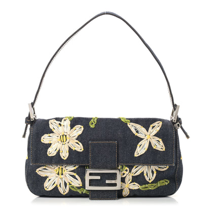 Fendi Denim Embroidered Baguette Blue Multicolor 1 of 12