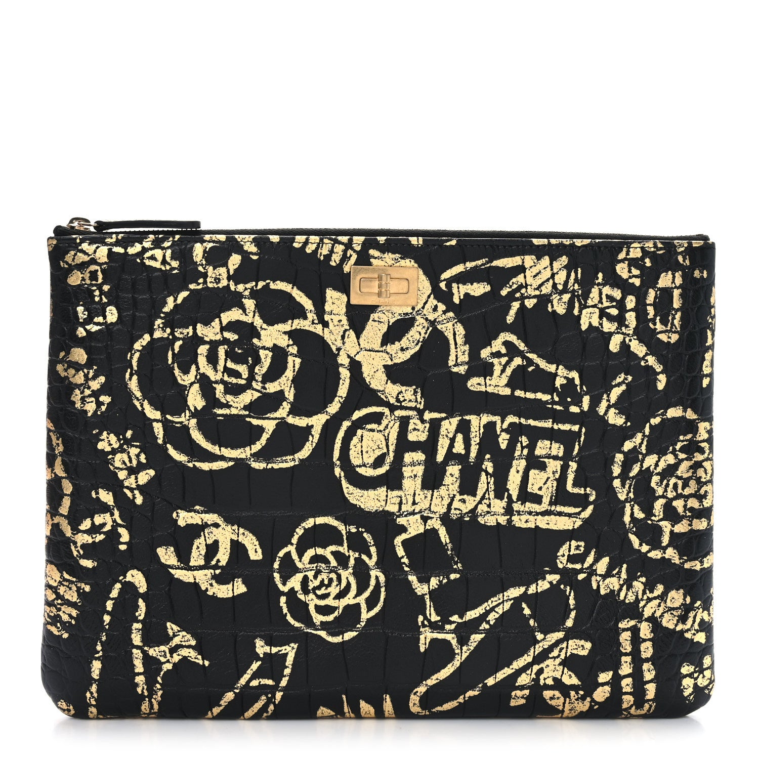 Chanel Calfskin Crocodile Embossed Graffiti 2.55 Medium Cocodile Reissue Cosmetic Case Black Gold 1 of 8