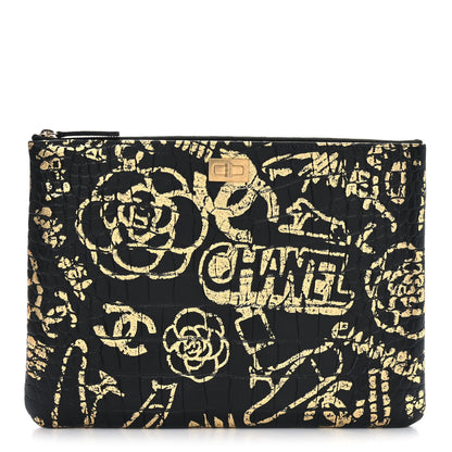 Chanel Calfskin Crocodile Embossed Graffiti 2.55 Medium Cocodile Reissue Cosmetic Case Black Gold 1 of 8