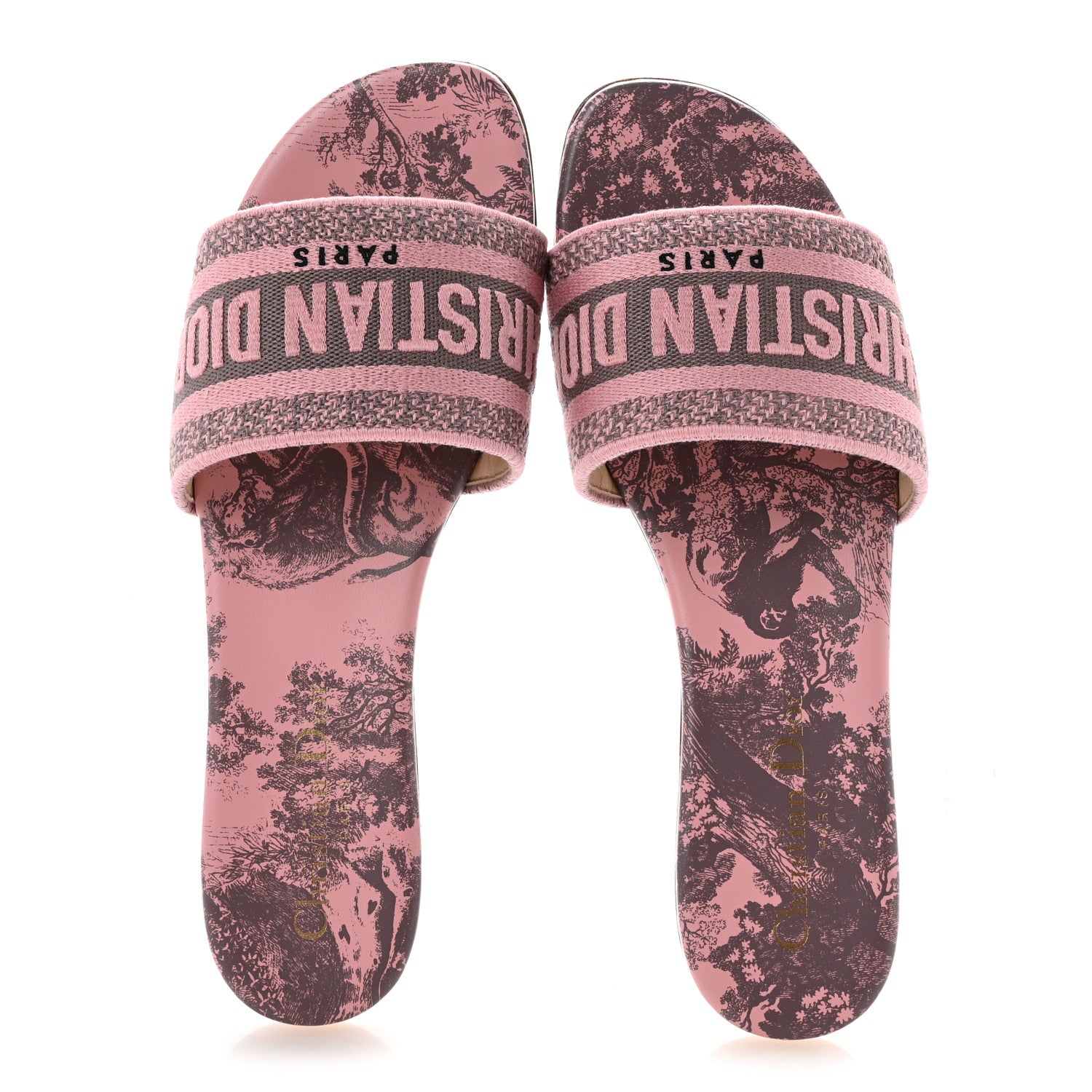 Christian Dior Canvas Toile De Jouy Embroidered Dway Flat Slide Sandals 37.5 Chateau Rose 2 of 10