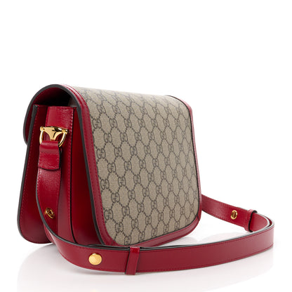 Gucci GG Supreme Monogram Azalea Calfskin Horsebit 1955 Shoulder Bag Beige Ebony New Cherry Red 3 of 11