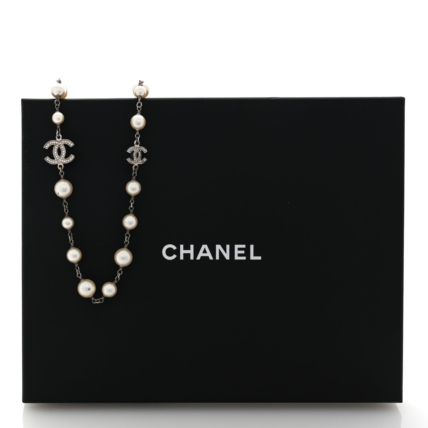 Graduated Pearl Crystal CC Long Necklace Silver