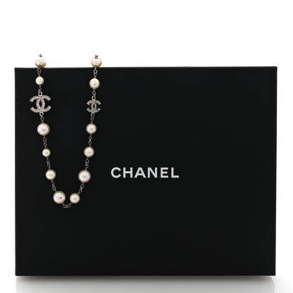 Chanel Graduated Pearl Crystal CC Long Necklace Silver 5 of 5