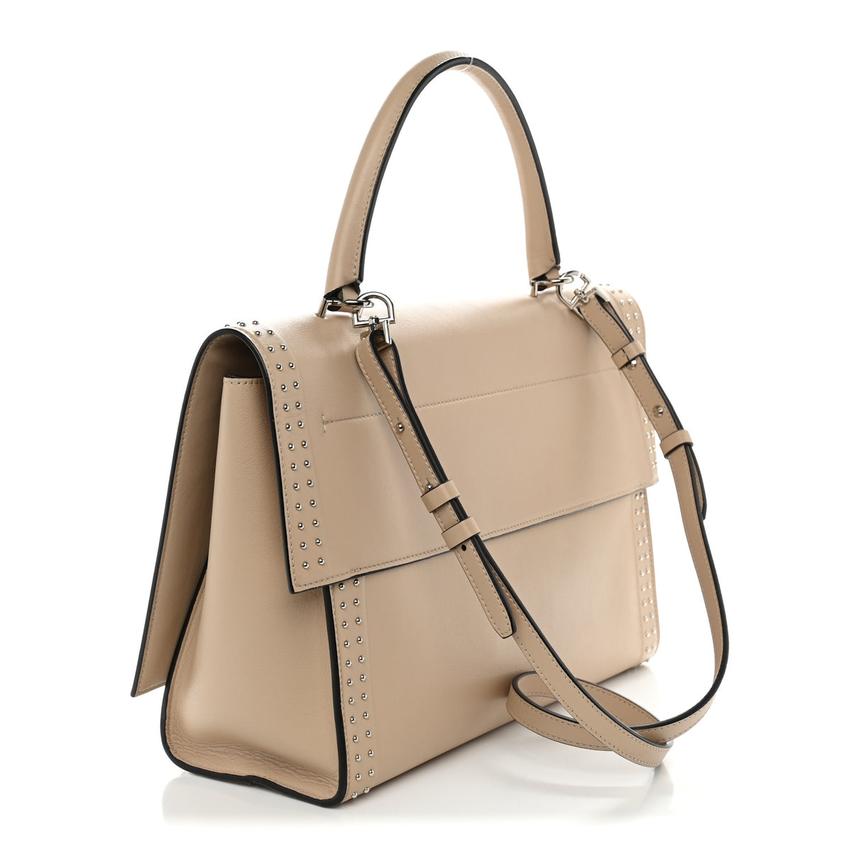 Grained Calfskin Studded Small Shark Lock Satchel Natural Beige