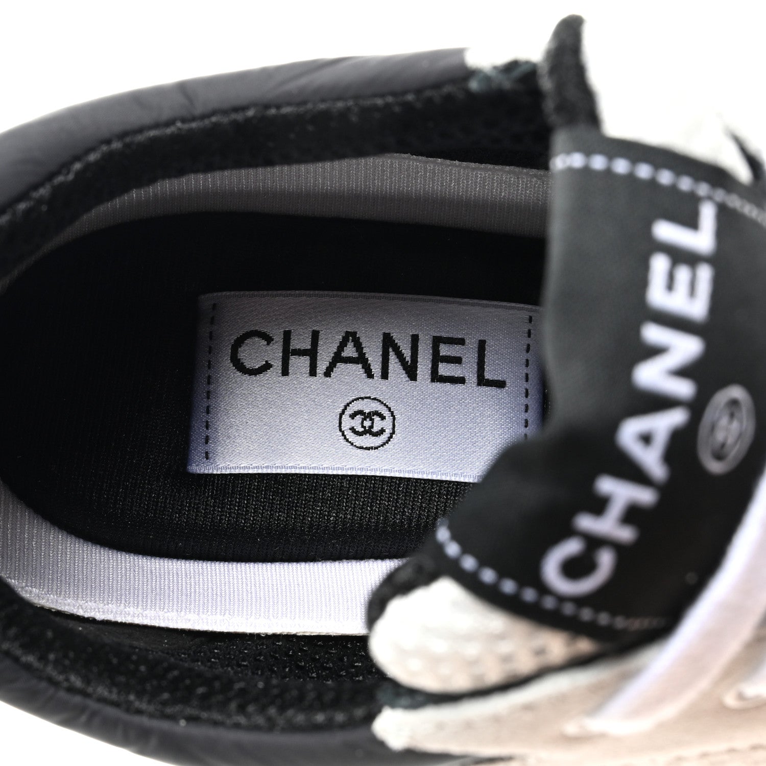 Chanel Mesh Suede Calfskin Grained Calfskin Womens CC Sneakers 38.5 White Black 7 of 9
