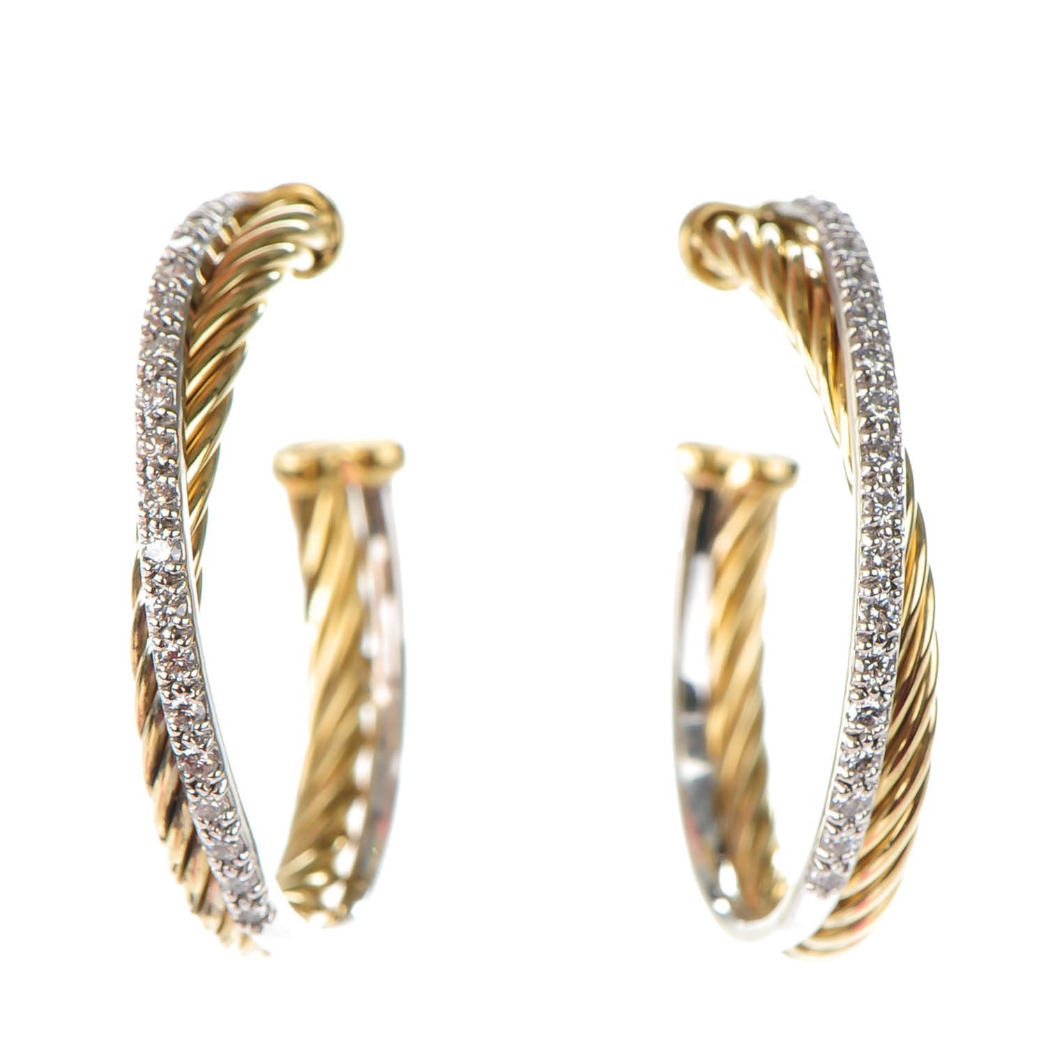 David Yurman 18K Yellow Gold Diamond Crossover Medium Hoop Earrings 1 of 5