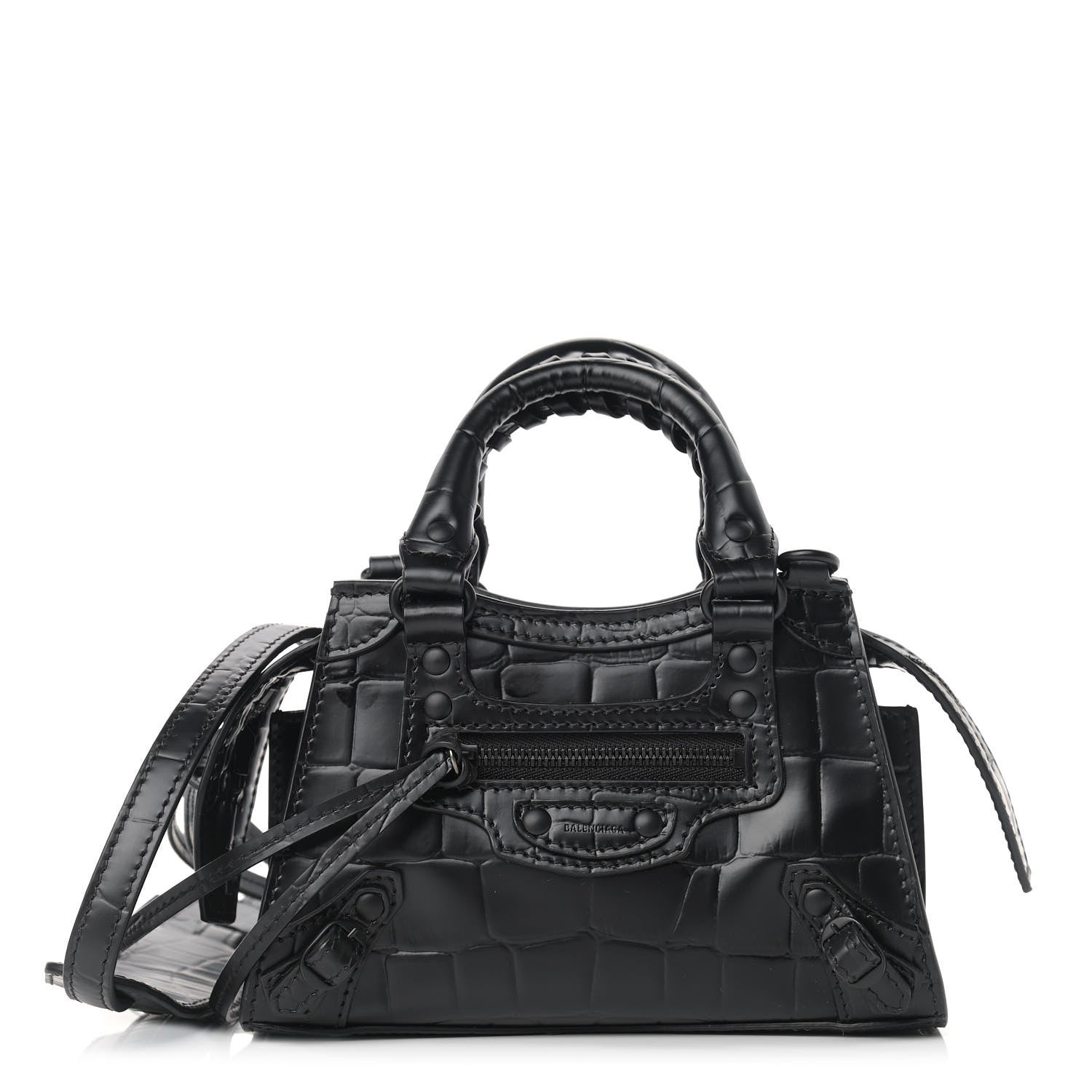 Balenciaga Semi Shiny Calfskin Crocodile Embossed Neo Classic Black Hardware Nano City Crossbody Black 1 of 9
