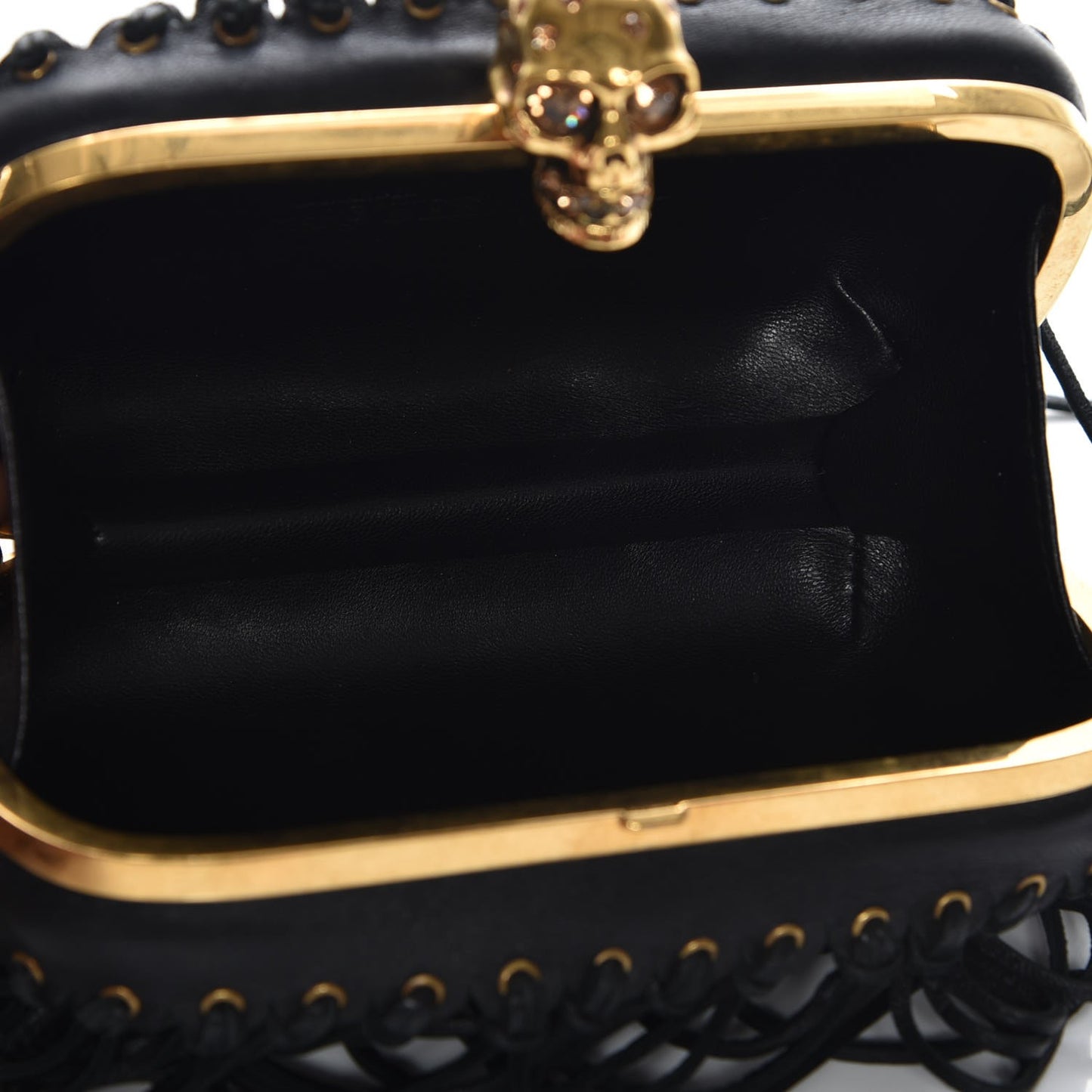 Calfskin Fringe Crystal Skull Box Clutch Black
