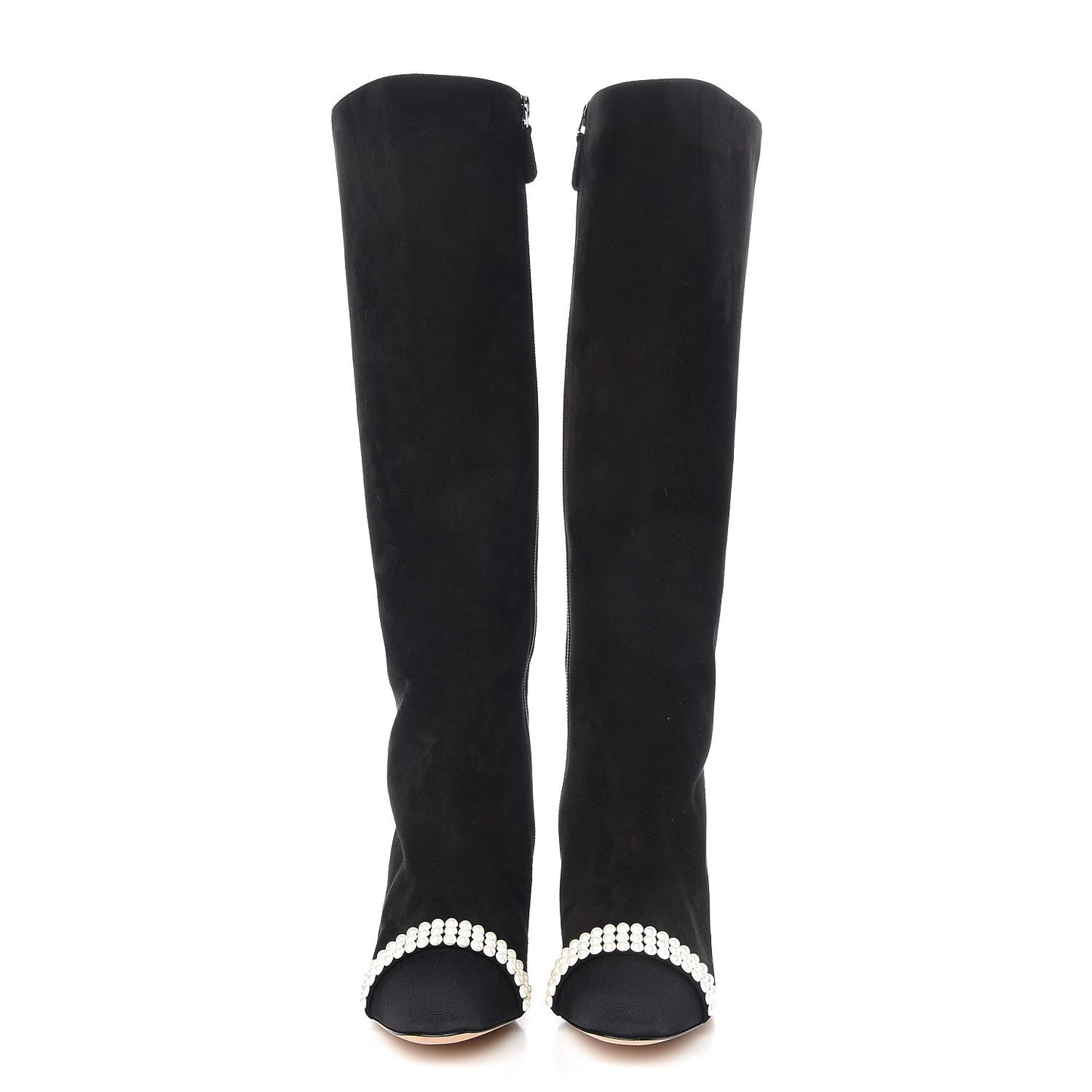 Suede Grosgrain Pearl CC Cap Toe High Boots 37 Black