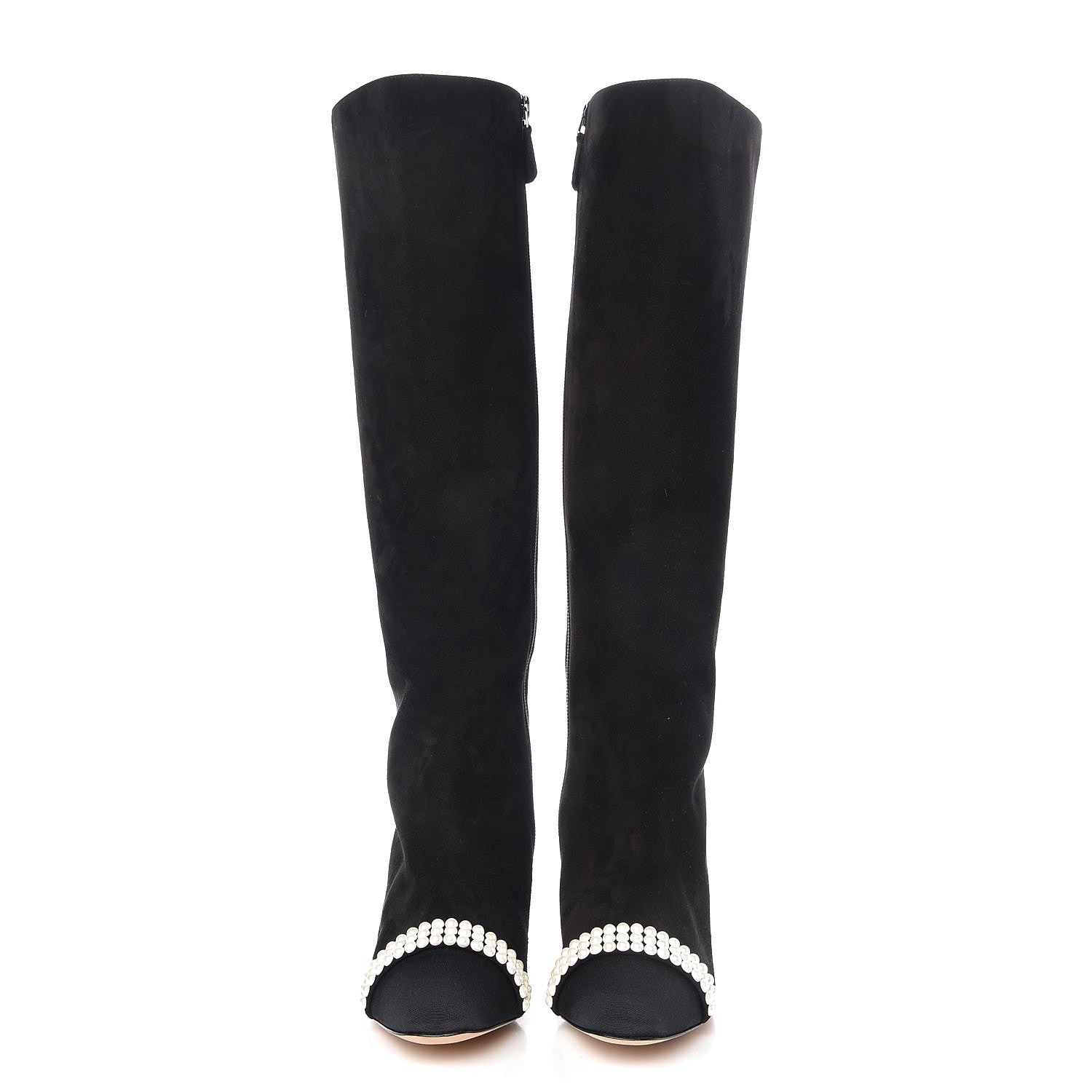 Chanel Suede Grosgrain Pearl CC Cap Toe High Boots 37 Black 3 of 9