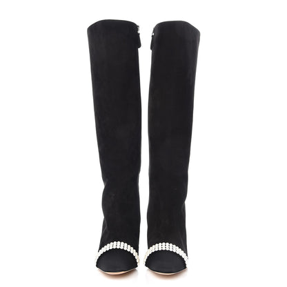 Chanel Suede Grosgrain Pearl CC Cap Toe High Boots 37 Black 3 of 9