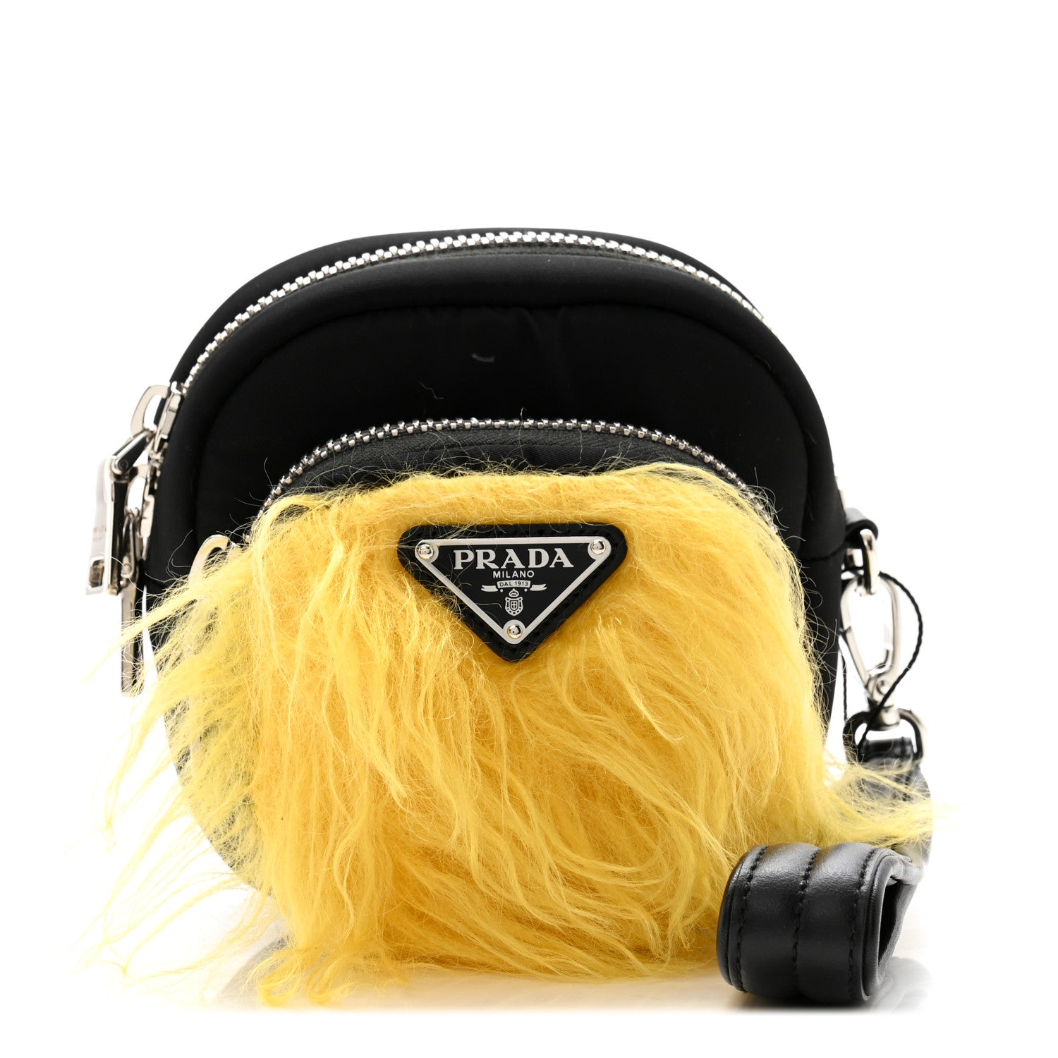 Prada Tessuto Nylon Faux Fur Small Pocket Wristlet Pouch Black Giallo 1 of 7
