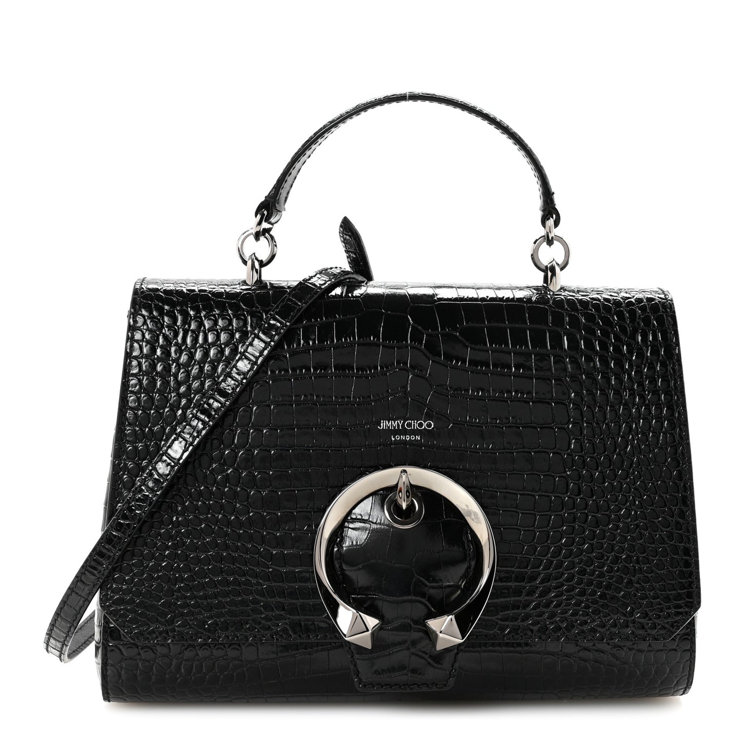 Calfskin Crocodile Embossed Madeline Top Handle Black