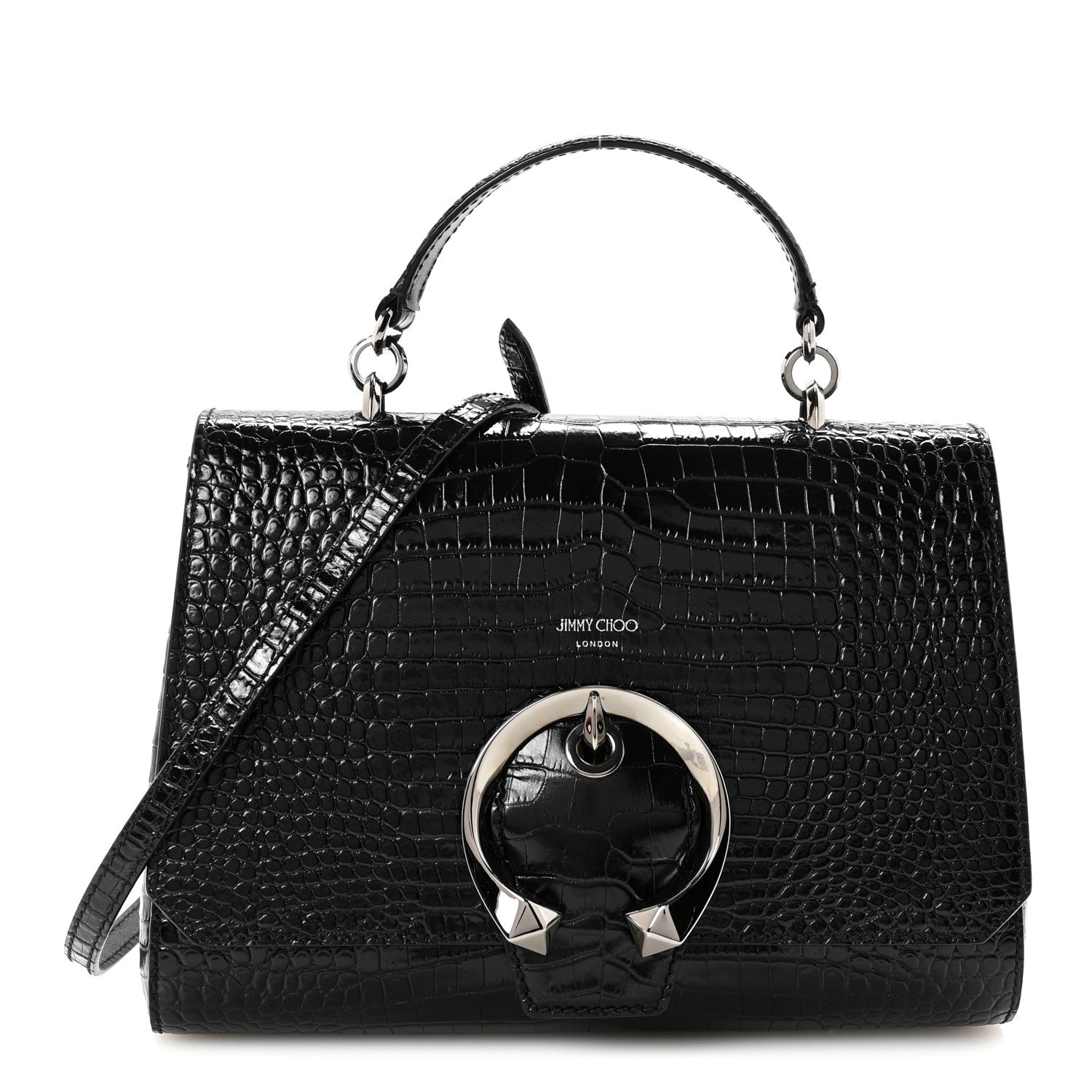Jimmy Choo Calfskin Crocodile Embossed Madeline Top Handle Black 1 of 9