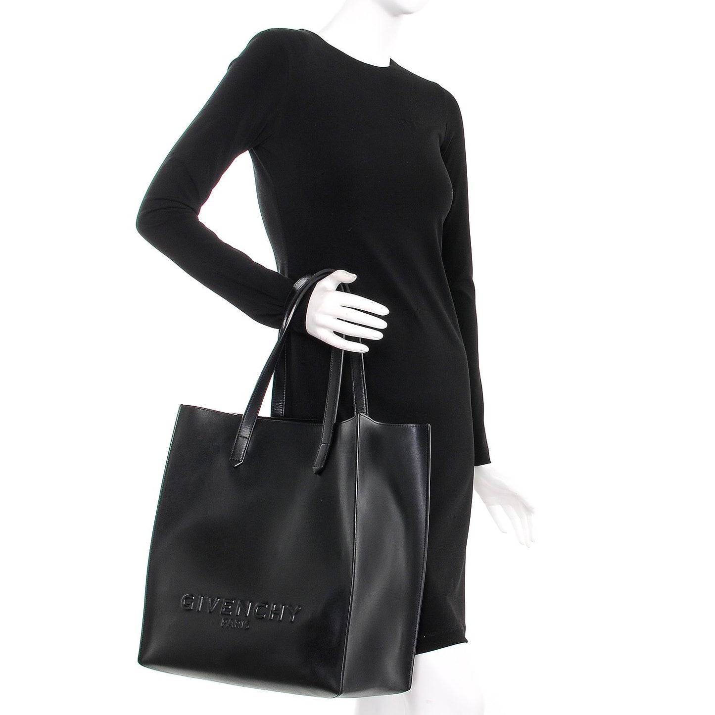 Calfskin Logo Debossed Medium Shopper Tote Black
