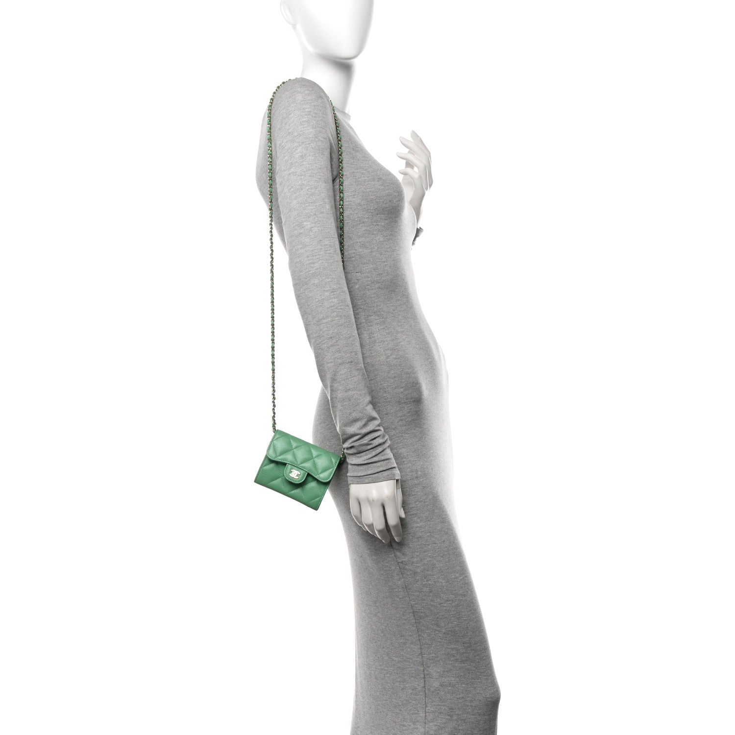 Chanel Caviar Quilted Flap Card Holder On Chain Light Green 2 of 11
