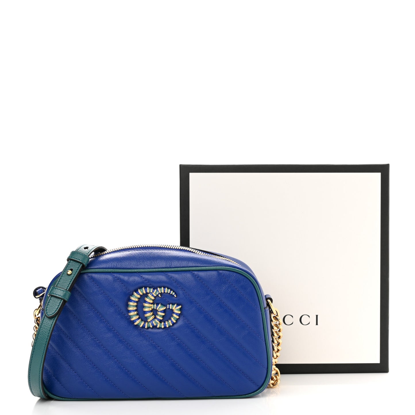 Azalea Calfskin Enamel Matelasse Diagonal Small Torchon GG Marmont Chain Shoulder Bag Imperial Blue Pavone