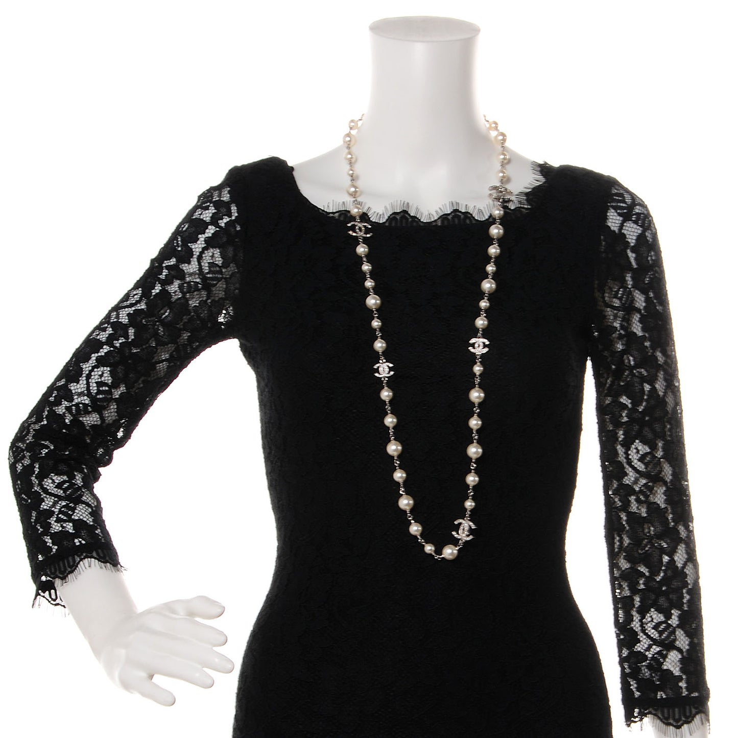 Crystal Pearl CC Long Necklace Silver